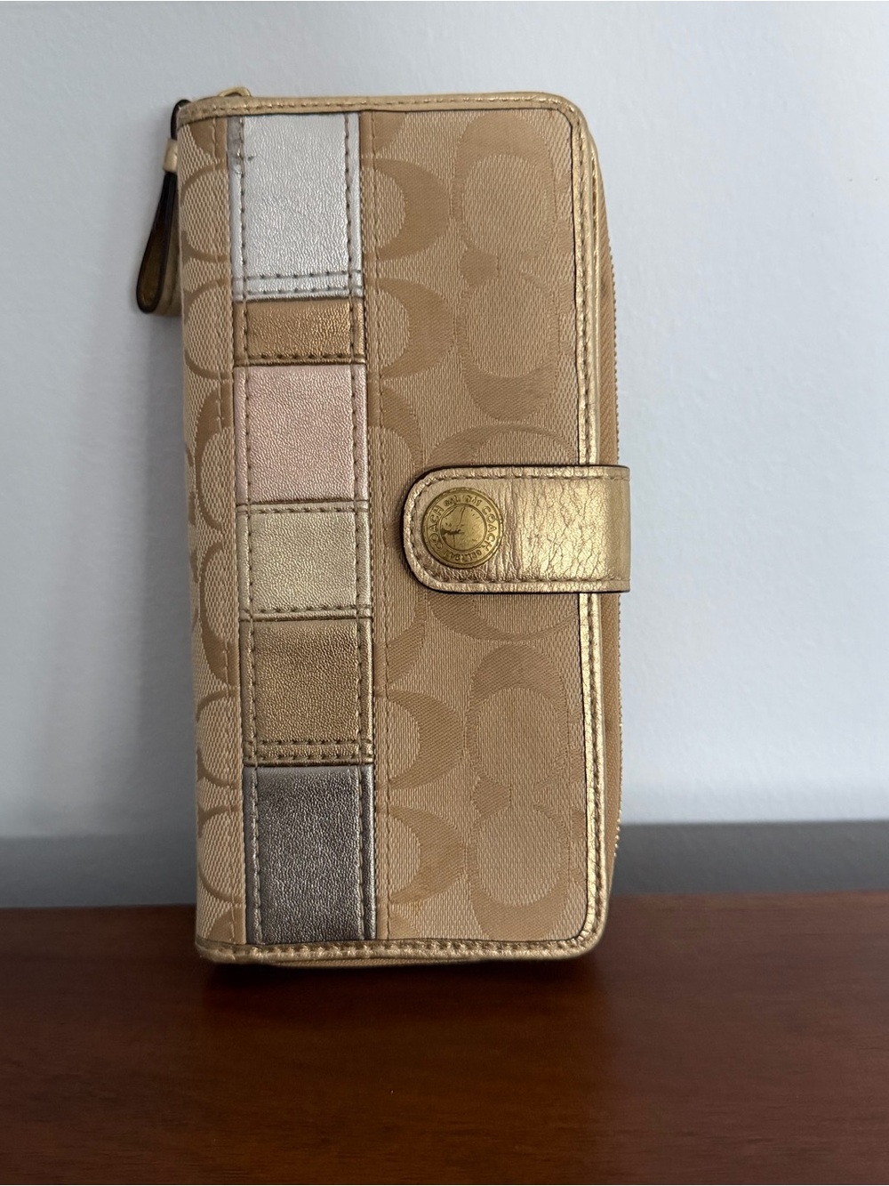 VTG Y2K Coach Metallic Patchwork Signature C Jacquard Bifold Checkbook Wallet